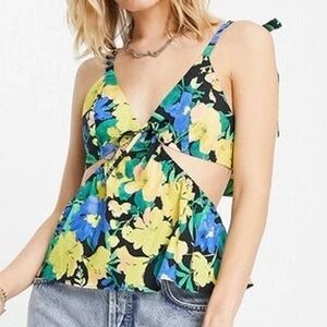 Topshop Tropical Floral Cutout Peplum Tie Summer Blouse Top New Womens 10 NWOT
